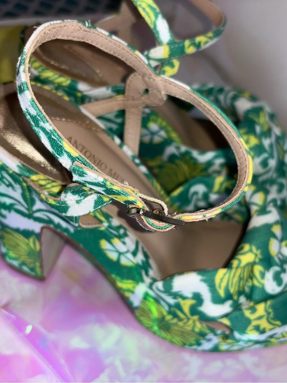 ANTONIO MELANI Green and Yellow Floral Platform Sandals